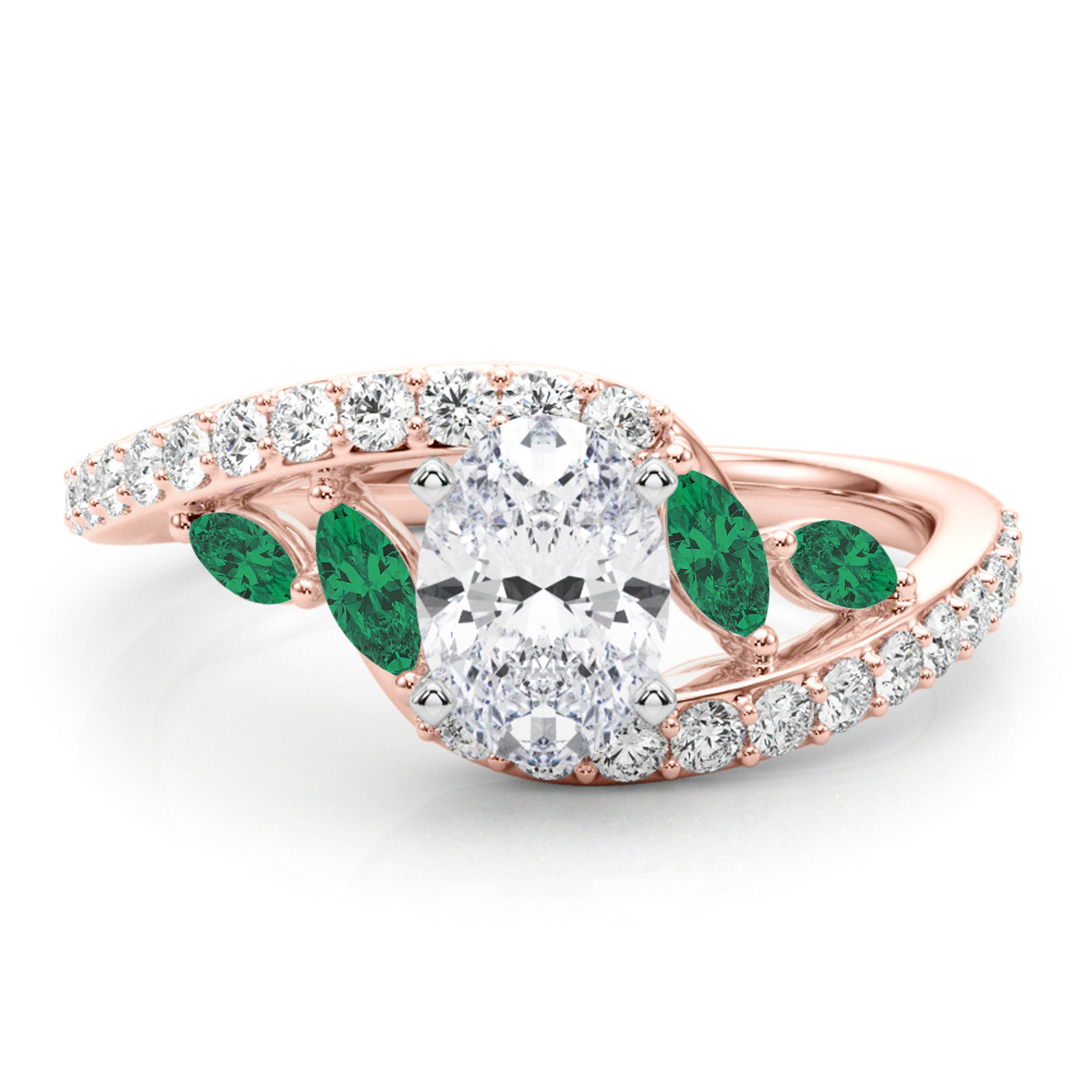 Swirl Design Diamond & Marquise Emerald Engagement Ring 14K Rose Gold (0.63ct)